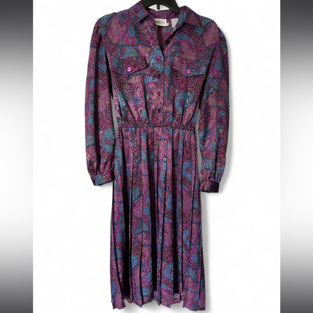 Vtg Leslie Fay Shirt Dress Size 8 (~modern S/M) Purple Jewel Tone Paisley 80s90s